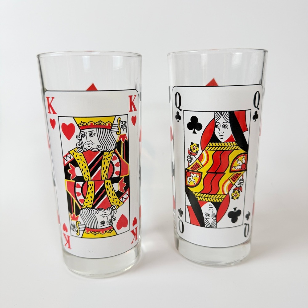 Playing Card Highball Glasses Italy set of 2 King Hearts Queen Clubs 2pc 4382